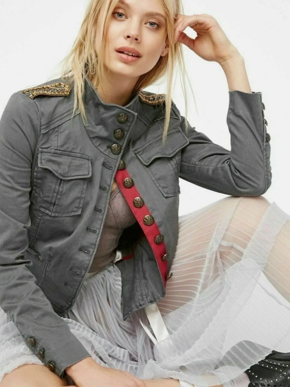 Free People Gray Military-Style Blazer with Gold Epaulettes